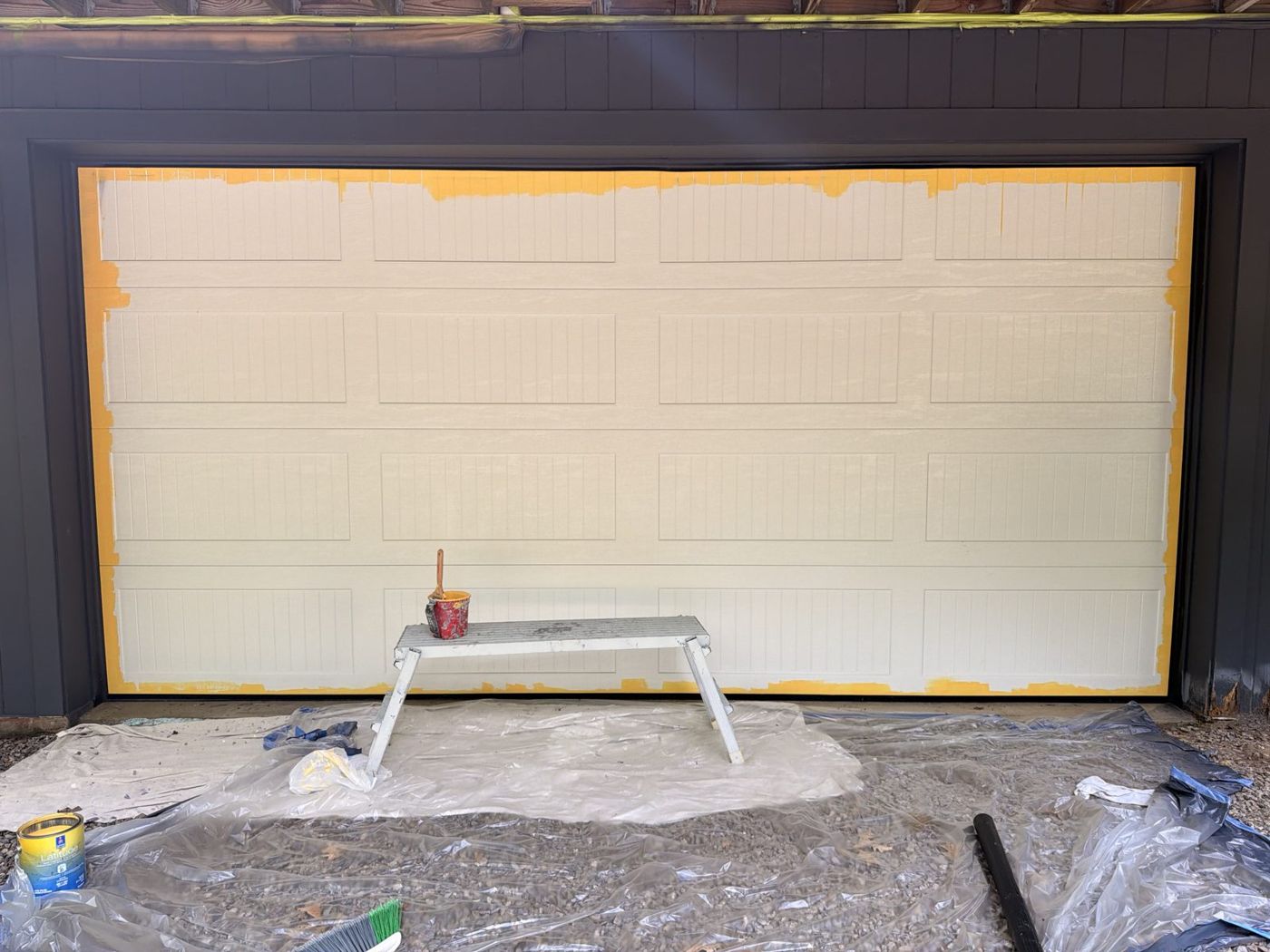 Garage door primed before painting
