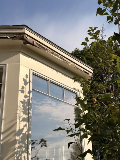 Rotted bay window trim before wood replacement